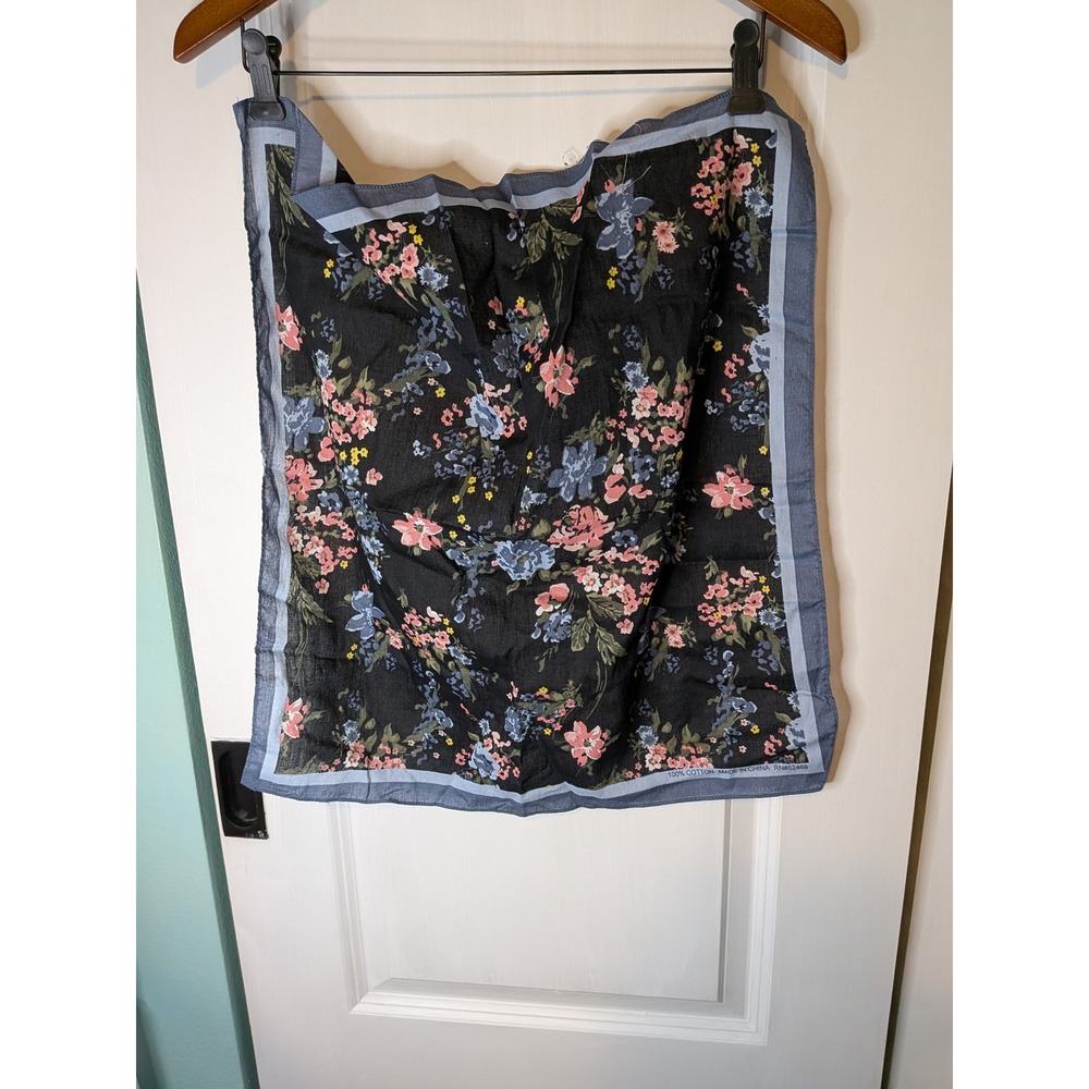 Vintage Style Black Floral Cotton Square Scarf Blue Border Neckerchief Bandana